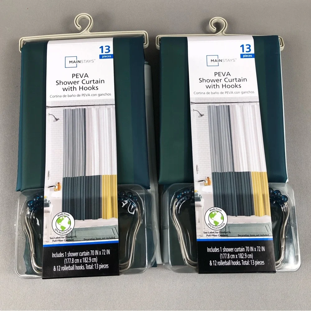 Mainstays Eco-friendly Colorblock Waterproof Recycled PEVA Shower Curtain Bundle